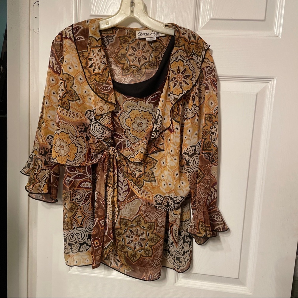 Gloria Lance Womens 1X Short Floral Bell Sleeve Sheer Over Lined Tank Top 2 Pcs